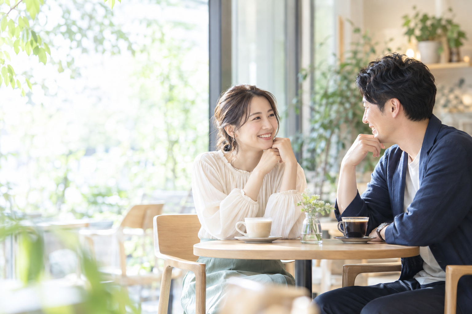 仮交際中に明るいカフェで自然な会話を楽しむ男女