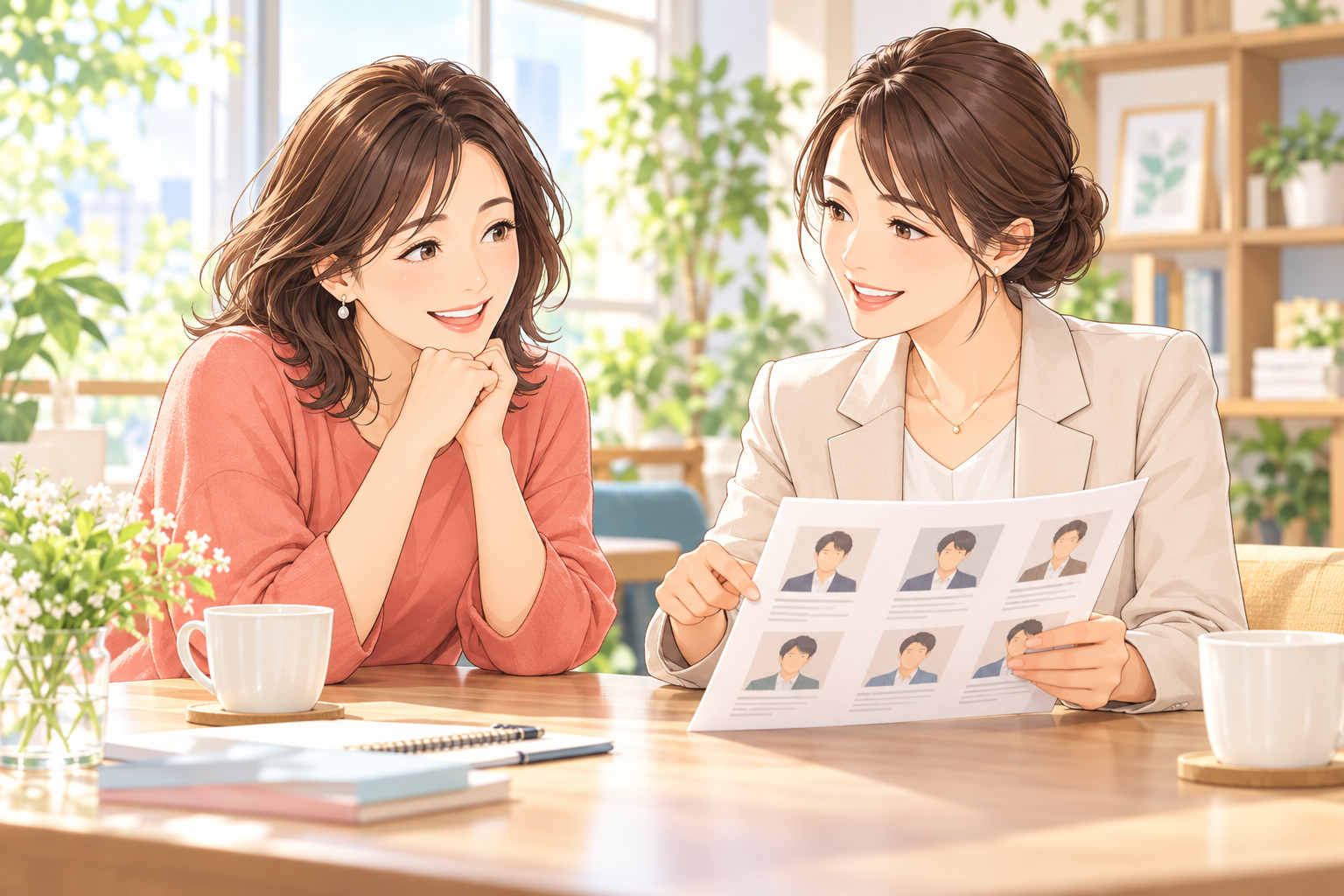 婚活の希望条件を相談員と一緒に見直す女性の漫画風イラスト